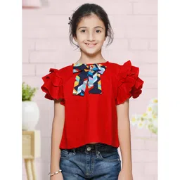 Cutiekins Cotton Woven Half Flutter Sleeves Bow Applique Detailed Top - Red-picture-28