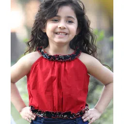 Cutiekins Cotton Woven Sleeveless Solid Crop Top - Red & Black-picture-14