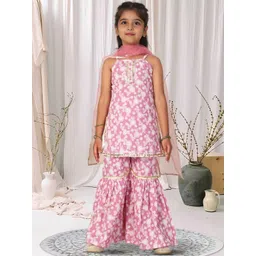 Cutiekins Girls Floral Printed Shoulder Strap Straight Kurta With Sharara & Dupatta-picture-20