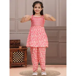 Cutiekins Girls Floral Printed Shoulder Straps Gotta Patti A-Line Kurta With Dhoti Pants-picture-19