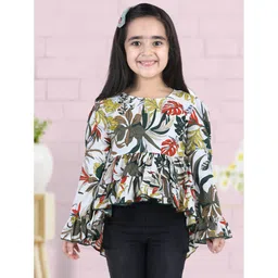 Cutiekins Woven Full Peasant Sleeves Leaves Printed Peplum Top - White & Multi Colour-picture-14