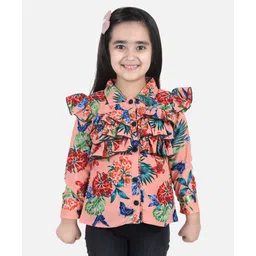 Cutiekins Woven Full Sleeves Floral Printed Frill Detailed Top Coral & Green-picture-18