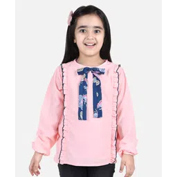 Cutiekins Woven Full Sleeves Frill & Bow Applique Detailed Top - Peach & Blue-picture-20