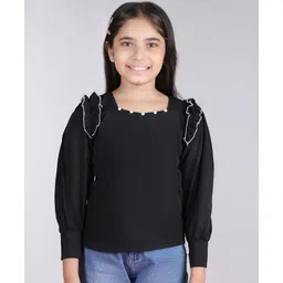 Cutiekins Woven Full Sleeves Pearls Embellished Frill Detailed Top - Black & White-picture-30
