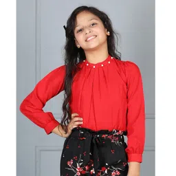 Cutiekins Woven Full Sleeves Pearls Embellished Top - Red-picture-15