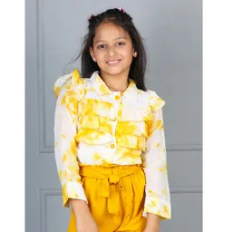 Cutiekins Woven Full Sleeves Tie & Dye Printed Frill Detailed Top - Off White & Mustard Yellow-picture-20