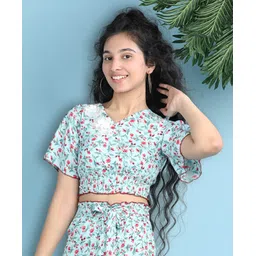 Cutiekins Woven Half Sleeves Floral Printed Crop Top - Pista Green & Pink-picture-11