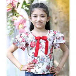 Cutiekins Woven Half Sleeves Floral Printed Top - White & Red-picture-16