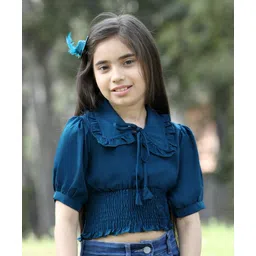 Cutiekins Woven Half Sleeves Solid Top - Teal Blue-picture-17