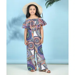 Cutiekins Woven Sleeveless Abstract Geometric Printed Frill Detailed Jumpsuit - Blue & Off White-picture-22