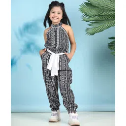 Cutiekins Woven Sleeveless Abstract Geometric Printed Halter Neck Jumpsuit - Black & White-picture-27