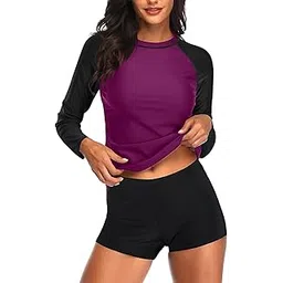 daci Women Rash Guard Long Sleeve Swimsuits UV UPF 50+ Swim Shirt Bathing Suit with Boyshort Bottom, Dark Purple, X-Large-picture-23