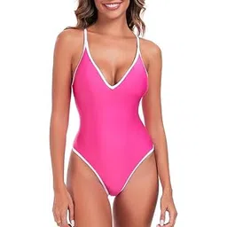 daddy come Women's One Piece Swimsuit Sports Adjustable Strap Bathing Suit Color Block Ribbed High Cut Swimsuits, Black&Pink-picture-14