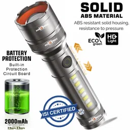 daily needs shop Rechargeable Torch with 8 Lighting Modes,Laser Indicator,and Side Light Function 6 hrs Torch Emergency Light image 4