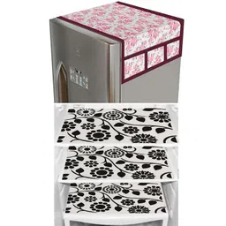 Dakshya Industries Black & Pink 4Pcs Floral Printed Waterproof Fridge Cover &  Fridge Mats-picture-13