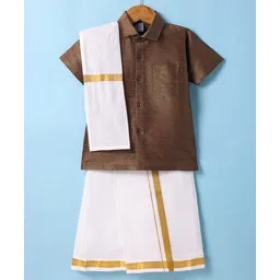Dapper Dudes Cotton Silk Half Sleeves Solid Shirt & Mundu With Angavastram Set - Brown-picture-15