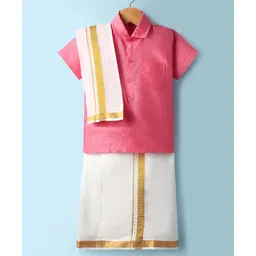 Dapper Dudes Cotton Silk Woven Half Sleeves Solid Shirt & Mundu With Angavastram Set - Fuchsia Pink-picture-16
