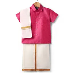 Dapper Dudes Cotton Silk Woven Half Sleeves Solid Shirt With Mundu & Geometric Foil Printed Angavastram Set - Dark Pink-picture-18