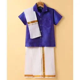 Dapper Dudes Cotton Silk Woven Half Sleeves Solid Shirt With Mundu & Geometric Foil Printed Angavastram Set - Royal Blue-picture-19