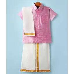 Dapper Dudes Cotton Silk Woven Half Sleeves Solid Shirt With Placement Foil Striped Mundu & Angavastram Set - Baby Pink-picture-31