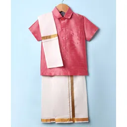 Dapper Dudes Cotton Silk Woven Half Sleeves Solid Shirt With Placement Foil Striped Mundu & Angavastram Set - Fuchsia PInk-picture-30