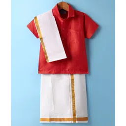 Dapper Dudes Cotton Silk Woven Half Sleeves Solid Shirt With Placement Foil Striped Mundu & Angavastram Set - Orange-picture-29