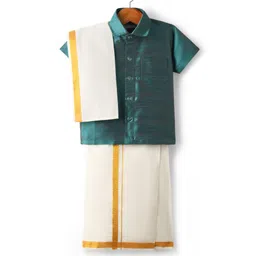 Dapper Dudes Cotton Silk Woven Half Sleeves Solid Shirt With Placement Foil Striped Mundu & Angavastram Set - Peacock Green-picture-33