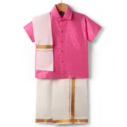 Dapper Dudes Cotton Silk Woven Half Sleeves Solid Shirt With Placement Foil Striped Mundu & Angavastram Set - Pink-picture-27