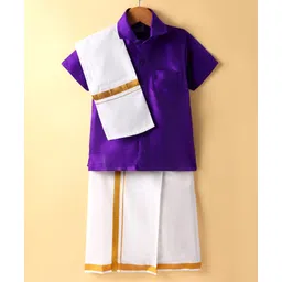 Dapper Dudes Cotton Silk Woven Half Sleeves Solid Shirt With Placement Foil Striped Mundu & Angavastram Set - Purple-picture-21