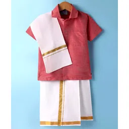 Dapper Dudes Cotton Silk Woven Half Sleeves Solid Shirt With Placement Foil Striped Mundu & Angavastram Set - Tomato-picture-26