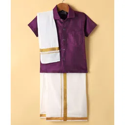 Dapper Dudes Cotton Silk Woven Half Sleeves Solid Shirt With Placement Foil Striped Mundu & Angavastram Set -Wine-picture-22