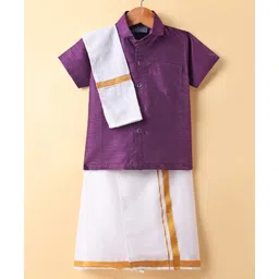 Dapper Dudes Cotton Silk Woven Half Sleeves Solid Shirt With Placement Foil Striped Mundu & Angavastram Set - Wine-picture-28