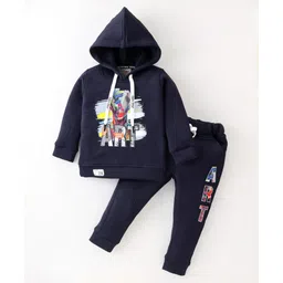 Dapper Dudes Full Sleeves Art Text Printed Light Winter Hooded Tee & Coordinating Track Pants Set - Navy Blue-picture-15