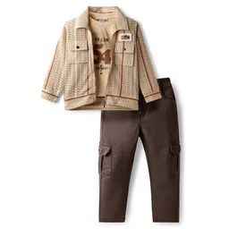 Dapper Dudes Full Sleeves Striped Crochet Designed Jacket With Typography Printed Tee & Pant Set - Fawn-picture-27