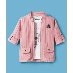 Dapper Dudes Full Sleeves Striped Jacket With Typography Foil Printed Tee - Pink-picture-24