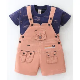Dapper Dudes Half Sleeves 54 Number Embroidered Dungaree With Printed Tee - Peach-picture-19