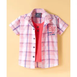 Dapper Dudes Half Sleeves Checked & 95 Number Embroidered Shirt With Attached Tee - Pink-picture-35