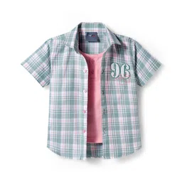 Dapper Dudes Half Sleeves Checked & 96 Number Patch Detailed Shirt With Attached Tee - Green-picture-15
