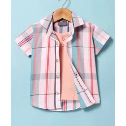 Dapper Dudes Half Sleeves Checked Shirt With Attached Tee - Peach-picture-16