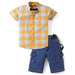 Dapper Dudes Half Sleeves Checked Shirt With Shorts Bow & Suspender Set - Mustard-picture-39