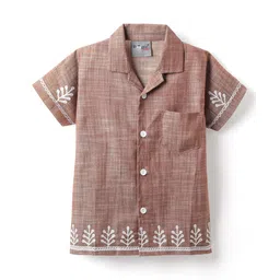 Dapper Dudes Half Sleeves Leaves Embroidered Shirt - Brown image 1