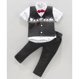 Dapper Dudes Half Sleeves Palm Trees Printed Shirt With Waistcoat Pant & Bow Set - Dark Grey-picture-17