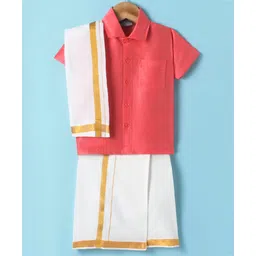 Dapper Dudes Half Sleeves Solid Shirt With Mundu & Angavastram Set - Dark Peach-picture-11