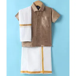 Dapper Dudes Half Sleeves Solid Shirt With Mundu & Angavastram Set - Khaki-picture-13