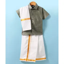 Dapper Dudes Half Sleeves Solid Shirt With Mundu & Angavastram Set - Pista-picture-21