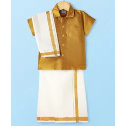 Dapper Dudes Half Sleeves Solid Shirt With Mundu Lungi & Angavastram Set - Mustard-picture-28