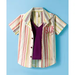 Dapper Dudes Half Sleeves Striped & 96 Number Embroidered Shirt With Attached Tee - Multi Colour-picture-23