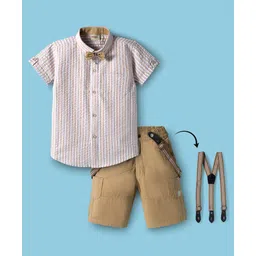 Dapper Dudes Half Sleeves Striped Shirt Shorts With Bow & Suspender Set - Fawn-picture-14