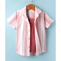 Dapper Dudes Half Sleeves Striped Shirt With Attached Tee - Dark Peach-picture-22