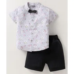 Dapper Dudes Half Sleeves Teddy Printed Shirt With Bow & Shorts - Grey-picture-37